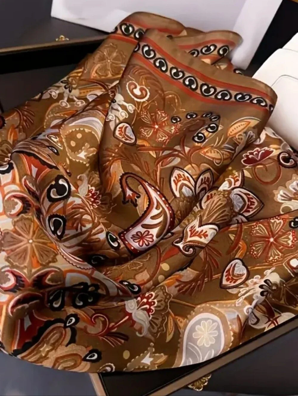 Silk-Feel Brown Paisley Women's Scarf Head Scarf, Neck Scarf